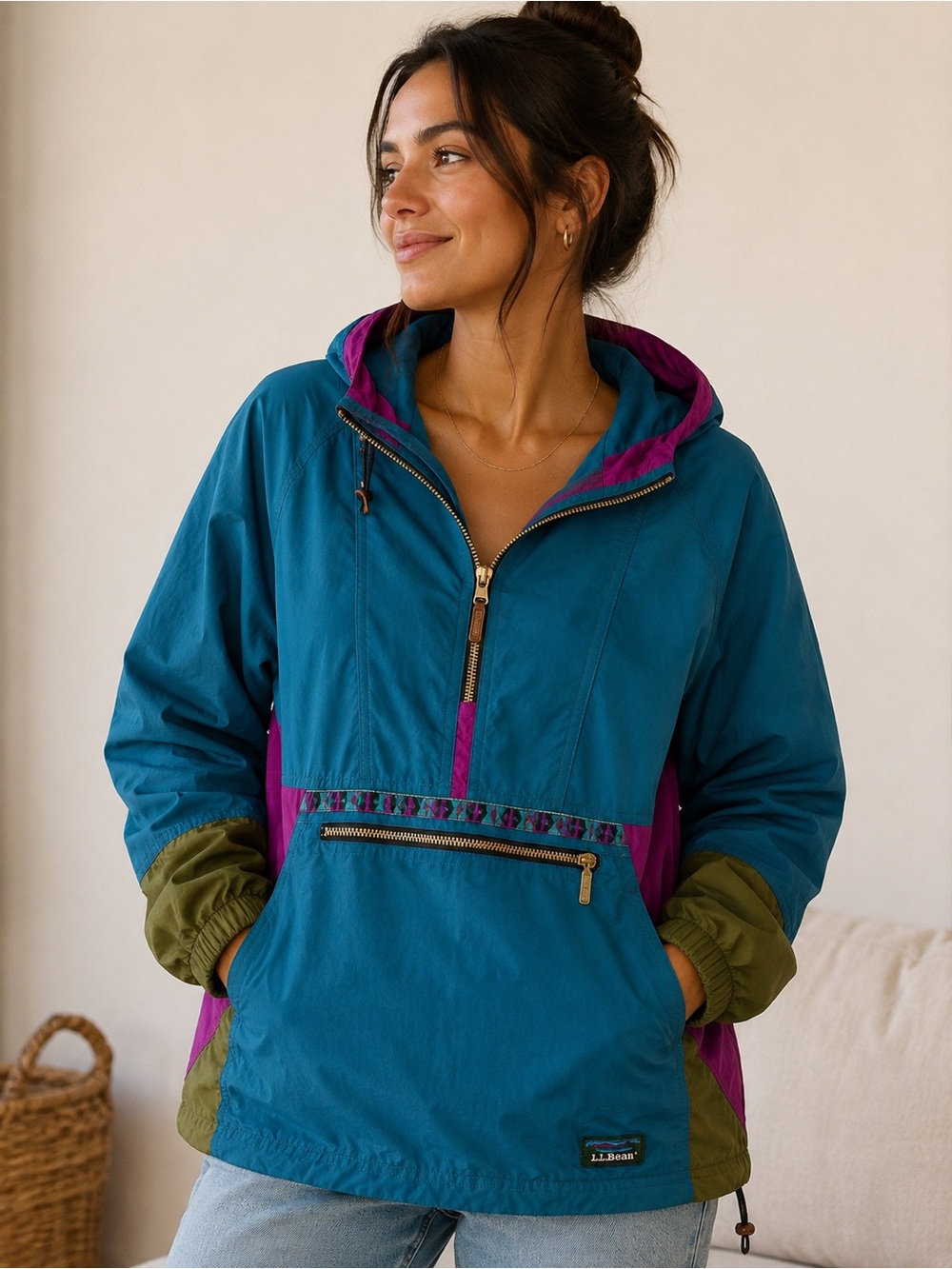 Vintage L.L.Bean Colorblock Packable Anorak Windbreaker Jacket | Teal